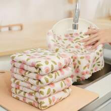 6pcs Set 2 Dish Sponges + 2 Hooks + 2 Coral Fleece Cleaning Cloths, Super Absorbent Quick Dry Soft Reusable Wipes For Kitchen, Bathroom, Glass, Car Wash, Coral Pink Pattern - 2 Sponges + 2 Towels + 2 Hooks - View 2