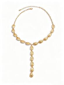 1pc Design Asymmetric Baroque Pendant Tassel Necklace Fashion Metal Style Y-Shaped Water Drop Necklace Ornament For Women - Gold - View 4