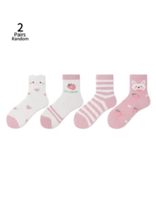ZUJO 2 Pairs Women's Coral Fleece Mid-Calf Socks, Heart & Cartoon Strawberry & Rabbit & Striped Patterns, Suitable For Autumn/Winter, Suitable For 5-15℃, Random Colors - Pink - View 6