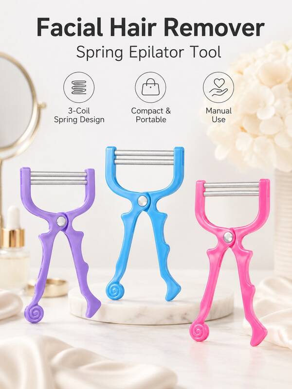 Depilador de Mola Manual para Remoção de Pelos Faciais, Ferramenta de Bobina de Remoção de Pelos Faciais com 3 Argolas, Adequado para Lábio Superior, Queixo, Bochechas e Linha da Mandíbula, Ferramenta de Beleza Portátil para Mulheres, Adequado para Casa, Viagens e Cuidados Diários