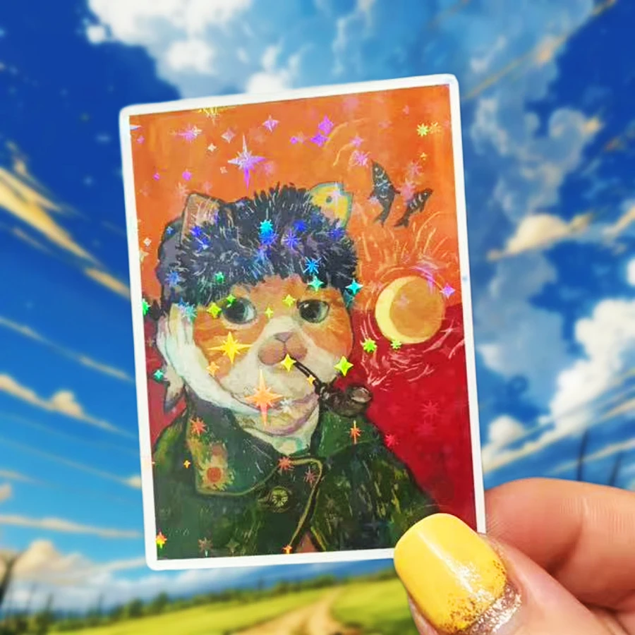 Van Gogh Style Cat Self-Portrait, Using The Soft And Cute Feeling Of Cats To Dissolve The Seriousness, Creative To The Max, Waterproof Vinyl Sticker - Durable Smooth Surface, Self-Adhesive Bumper Sticker, Suitable For Cars, Windows, Laptops, Trucks, Water Bottles - Multi-Functional Durable Design, Car Sticker - Vinyl - View 1