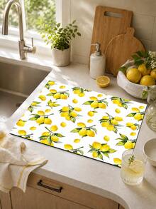 1pc Yellow Lemon & Green Leaf Pattern Absorbent Table Mat, Fresh Pastoral Style, Water-Absorbent Fabric, Rectangular Edged Design, Stain-Resistant & Heat-Insulating Countertop Protector, Suitable For Kitchen Sink, Dish Drying, Daily Home Decor - Multicolor - View 4