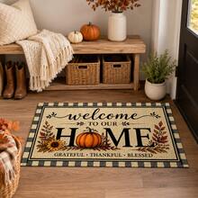 1pc Beige Pumpkin Sunflower Maple Leaf English Slogan Pattern Kitchen Mat, Autumn Rustic Farmhouse Style, Non-Slip Wear-Resistant Design, Suitable For Autumn, Thanksgiving, Harvest Celebration, Kitchen, Entryway And Home Decor - Multicolor - View 4