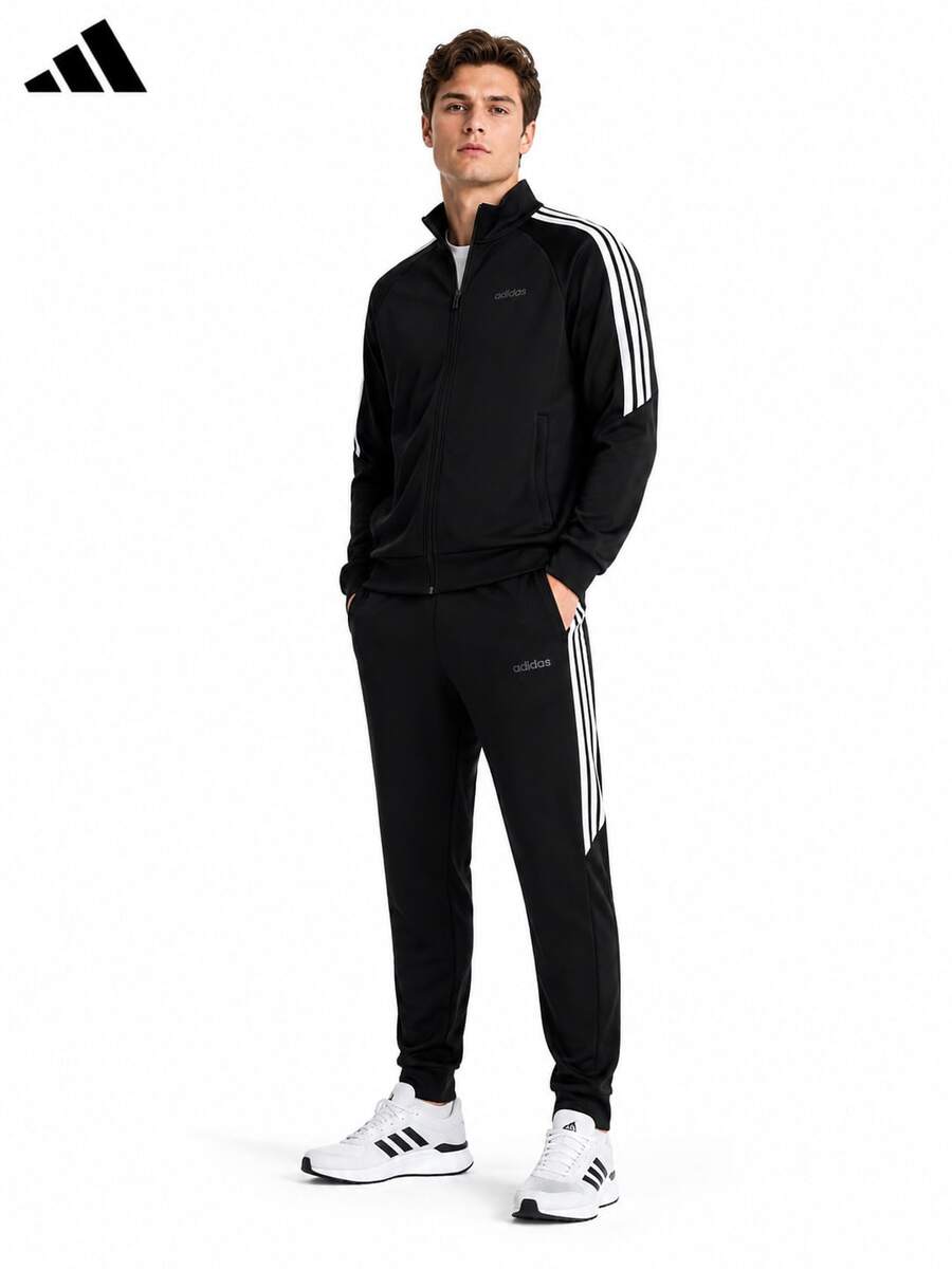 Adidas M Q3 男士针织运动套装,立领运动夹克和运动裤,2 件套 - 黑色 - 查看 1