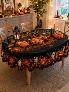 Black And Orange Pumpkin-Themed Halloween Tablecloth – Rectangular Table Cover Featuring Jack-O'-Lanterns, Ghosts, And Autumn Leaves – Ideal For Dining Table Decor, Halloween Parties, Fall Harvest Themes, And Home Kitchen Styling - Multicolor - View 19
