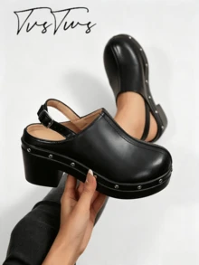 Women's Metal Strap Loafer Mule Slippers With Rivets, Platform Thick Sole High Heel Backless Slouchy Half-Slip Shoes - Black - View 3