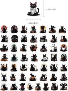 50 piezas Pegatinas transparentes de gato negro de Halloween, patrón vintage de gato oscuro, calabaza y fantasma, adecuadas para botellas de agua, álbumes de recortes, fundas de teléfono, escritorios, patinetas, cascos, materiales de decoración de fiestas, regalos de Halloween, regalos de cumpleaños - Multicolor - Ver 2