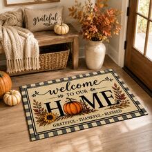 1pc Beige Pumpkin Sunflower Maple Leaf English Slogan Pattern Kitchen Mat, Autumn Rustic Farmhouse Style, Non-Slip Wear-Resistant Design, Suitable For Autumn, Thanksgiving, Harvest Celebration, Kitchen, Entryway And Home Decor - Multicolor - View 1