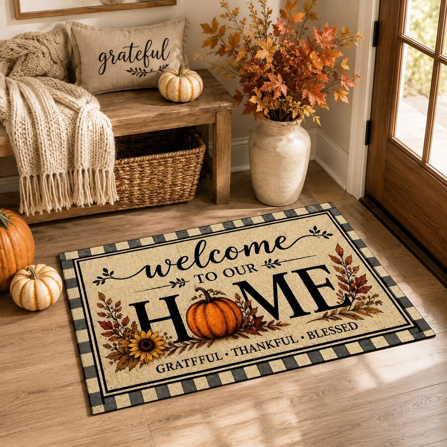 1pc Beige Pumpkin Sunflower Maple Leaf English Slogan Pattern Kitchen Mat, Autumn Rustic Farmhouse Style, Non-Slip Wear-Resistant Design, Suitable For Autumn, Thanksgiving, Harvest Celebration, Kitchen, Entryway And Home Decor - Multicolor - View 1