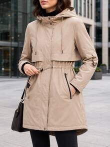 Women's Camel Hooded Utility Parka, Drawstring Waist, Zip & Snap Closure, Pockets, Mid-Length Spring Autumn Coat - Camel - View 3