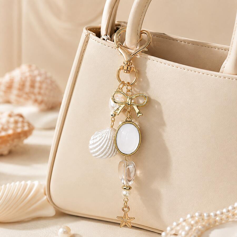 1pc Vintage Style Heart Keychain, French Retro Bow & Shell Pendant, Versatile Bag Charm - Multicolor - View 1