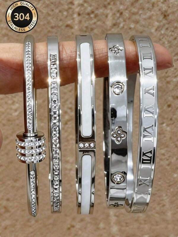 5/1 Pc New Stainless Steel Bracelet Set, Waterproof & Fade-Resistant, Multi-Style Design (Roman Numerals, Four-Leaf Clover, Rhinestone, Etc.), Versatile Commuter Luxury Accessory, Layering Essential, Hypoallergenic, Unique Design, Holiday Gift