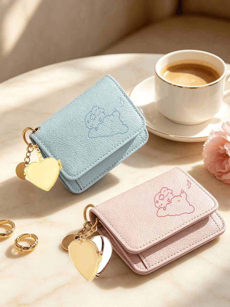Cute Cloud Rabbit Pattern RFID Short Wallet, With Heart-Shaped Keychain Pendant, Multi-Slot Ultra-Thin Card Holder And Coin Purse, Suitable For Women And Girls, Daily Travel Accessory, Back To School Gift