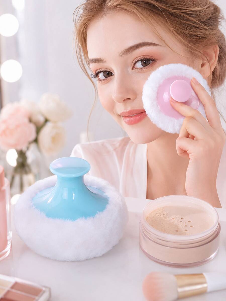 1pc Bubble Loose Powder Case Set With Large Soft Powder Puff, Reusable Face And Body Powder Brush, Portable Powder Compact, Suitable For Touch-Ups And Travel - Multicolor - View 1