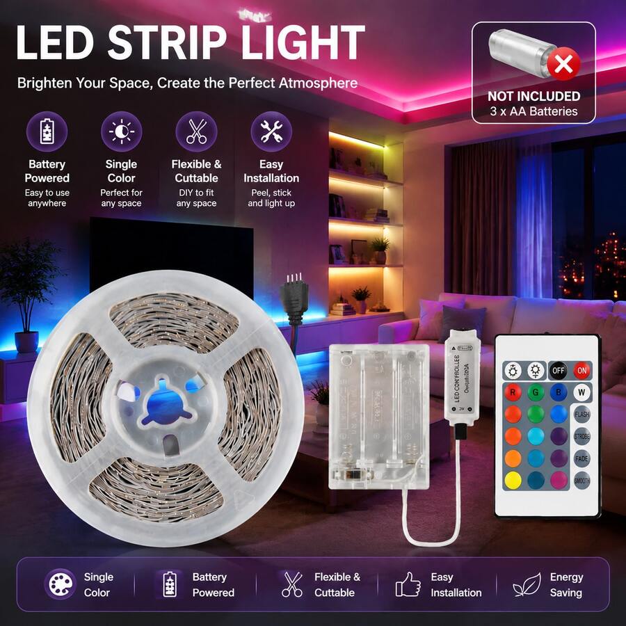 Bedroom Decor LED Light Strip, 3.28ft-49.2ft Room LED Lights. Battery Powered (Batteries Not Included), 24-Key Remote Control. Suitable For Room Decoration, TV Backlight, Wedding And Party Decoration, Christmas And Halloween Decoration. - RGB Battery Box - View 1