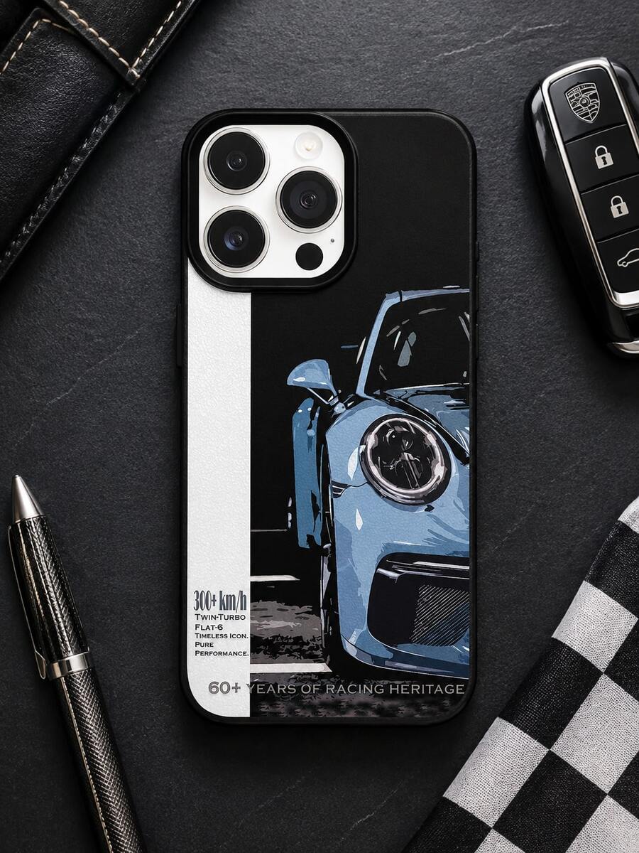 1PC Split Black White Panel Light Blue 911 Sports Car Racing Art Phone Case Compatible With Iphone 17 16 15 14 13 Pro Max, Leather Texture Shockproof Phone Case For Car Lovers - Black - View 1