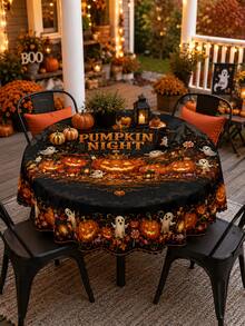 Black And Orange Pumpkin-Themed Halloween Tablecloth – Rectangular Table Cover Featuring Jack-O'-Lanterns, Ghosts, And Autumn Leaves – Ideal For Dining Table Decor, Halloween Parties, Fall Harvest Themes, And Home Kitchen Styling - Multicolor - View 4