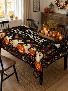 「Spooky Pumpkin」黑色萬聖節桌布，復古幻想風，印有南瓜燈籠、鬼屋與糖果圖案，適合萬聖節派對、秋季居家裝飾及廚房餐桌使用 - 彩色 - 查看 12