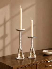 1pc/2pcs Vintage Silver Hammered Metal Candle Holder Set, Sculptural Candle Holders For Dining Table, Fireplace Mantel, Shelf And Home Decor Gift - A - View 2