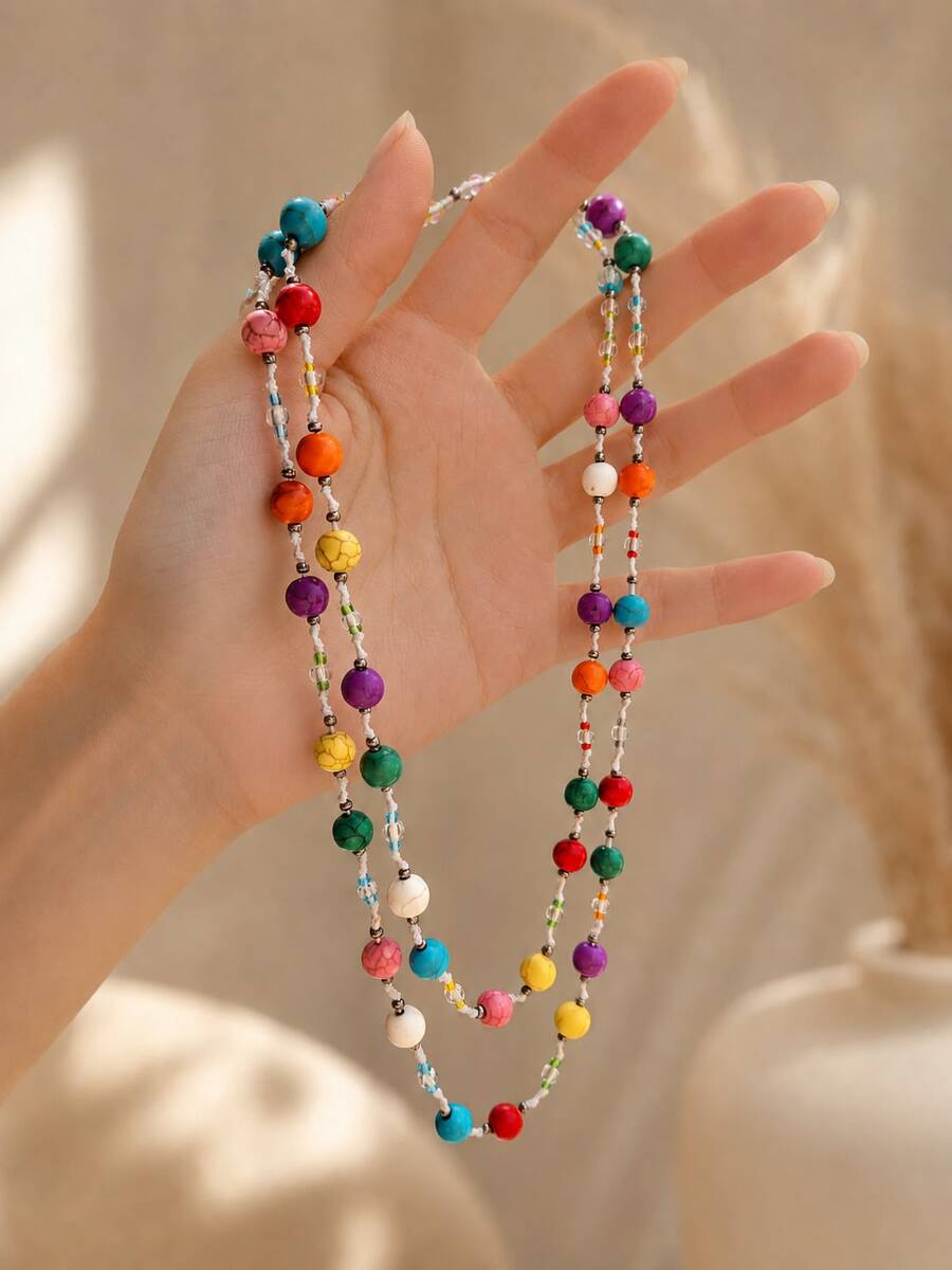 1pc Minimalist Fashion Fun Elegant Personalized Exquisite Colorful Bead Handmade Woven Double Layer Women's Long Necklace Sweater Chain Suitable For Daily Casual Outings, Banquets, Music Festivals, Parties, Beach Vacations, Holiday Gifts (Colorful Beads And Rice Beads Color Sequence Randomly Arranged) - Multicolor - View 1