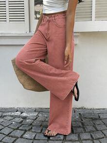 JustMiss Women's High Waist Wide Leg Retro Casual Distressed Straight Leg Denim Jeans Spring Summer - Pink - View 3