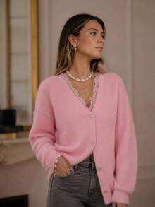 Women's Knit Cardigan, V-Neck, Rhinestone Buttons, Loose Open-Front Sweater, Suitable For Daily Autumn/Winter Wear, Back To School Style Pink Fall - Pink - View 1