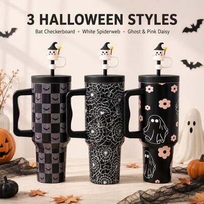 Tumbler Terisolasi Halloween 40oz dengan Pegangan, Sedotan Berbentuk Hantu dan Penutup Debu, Gelas Perjalanan Mobil Terisolasi Vakum Stainless Steel, Motif Kelelawar, Papan Catur, Jaring Laba-laba, Hantu, dan Bunga, Gelas Air Kapasitas Besar, Termos Terisolasi Panas dan Dingin, Cocok untuk Perjalanan Mobil, Hadiah Pesta Halloween