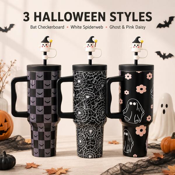 Halloween 40oz Insulated Tumbler With Handle, Ghost-Shaped Straw And Dust Cover, Stainless Steel Vacuum Insulated Car Travel Cup, Bat Checkerboard, Spider Web, Ghost Floral Halloween Print Large Capacity Water Cup, Hot And Cold Insulated Flask, Suitable For Car Travel, Halloween Party Gifts