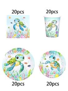 10/20/50/80pcs Light Green Turtle Theme Party Paper Supplies, Ocean Theme Tableware Set - Turtle Pattern, Seaweed Pattern, Starfish Pattern, Bottom Fish Pattern 7/9 Inch Paper Plates, Paper Cups, 6.5 Inch Napkins, Suitable For Birthday, Baby Shower, Turtle Theme Party Decoration - Multicolor - View 9