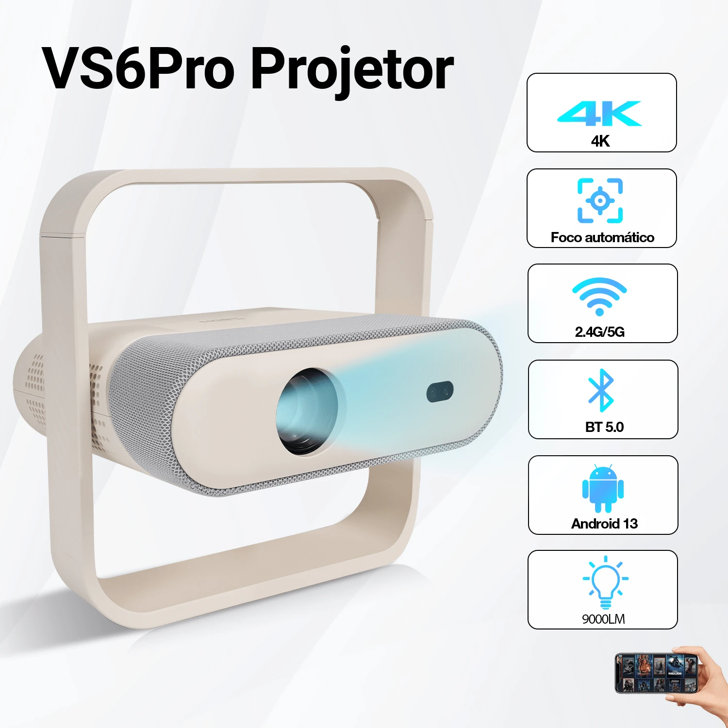 Projetor Portátil AOC 1080P Branco com Rotação de 360° – Foco Automático, Android, Wi-Fi, Bluetooth, LED, Alta Definição e Alto Brilho – Compatível com 4K para Cinema em Casa - Branco - Visão 1