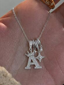 1pc Crown Letter & Four-Pointed Star Necklace, Copper Zirconia Initial Necklace, Jewelry Gift For Girls Party, Date, Vacation, Birthday, Daily Wear - Silver - View 1