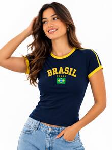 BabyLook Women's Embroidered Brazil Shirt Without State - Navy Blue - View 2