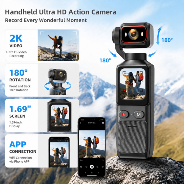 Cámara digital portátil de mano, resolución de 1 millón de píxeles, zoom digital 16x, grabación de video 2K, lente giratoria de 180°, con flash, soporte para toma nocturna, enfoque automático, modo paisaje/retrato, para viajes al aire libre