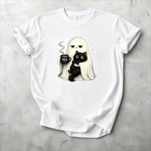 Fun Halloween Coffee Lover, Ghost Cat Spooky Black Cat T‑Shirt, Vintage Pattern T‑Shirt - White - View 2