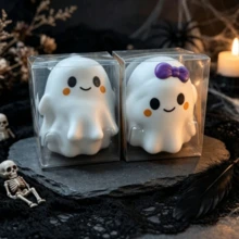 1pc Crazy Fun Ghost Squishy Toy, White & Purple Bowknot Set, Halloween Theme Stress Relief Squeeze Toy, Holiday Desktop Decor Ornament, Party Atmosphere Creative Small Gift - Multicolor - View 5