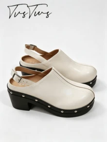 Women's Metal Strap Loafer Mule Slippers With Rivets, Platform Thick Sole High Heel Backless Slouchy Half-Slip-On Shoes - Beige - View 4