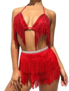 Sequin Draped Fringe Halter Top Rhinestone Waistband Multi‑Layer Fringe Slit Dance Hip Scarf Party Performance Outfit (Multiple Colors Available) - Multicolor - View 18