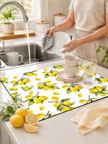 1pc Yellow Lemon & Green Leaf Pattern Absorbent Table Mat, Fresh Pastoral Style, Water-Absorbent Fabric, Rectangular Edged Design, Stain-Resistant & Heat-Insulating Countertop Protector, Suitable For Kitchen Sink, Dish Drying, Daily Home Decor - Multicolor - View 3