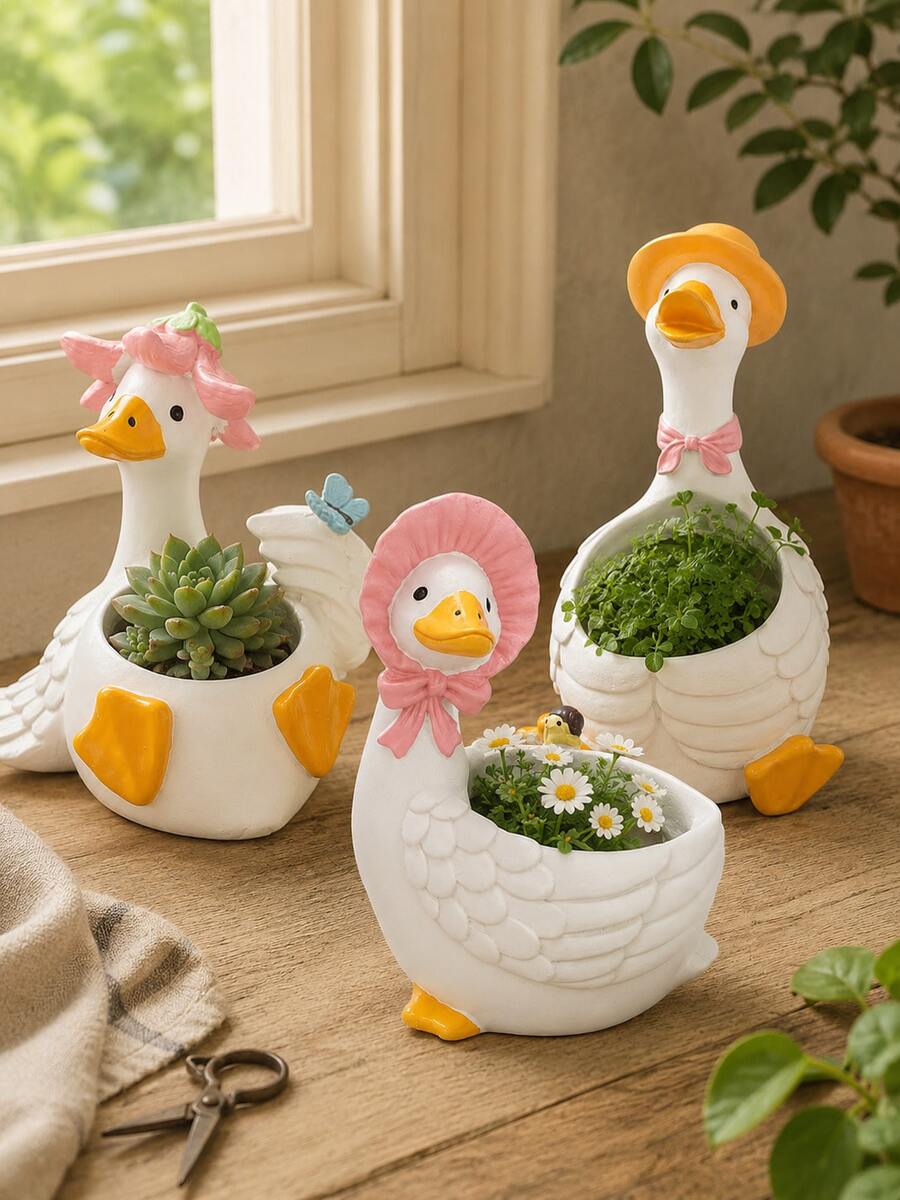 Cute Duck & Goose Shaped Planter, Animal Design Succulent Cactus Pot, Decorative Rustic Style Plant Container, Indoor Outdoor Garden Patio Balcony Windowsill Bookshelf Desk Decor, Gift For Plant Lovers - Big Goose Flower Pot - View 1