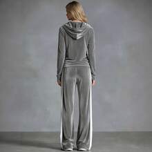 Solid Color V-Neck Gold Velvet Knit Long Sleeve Casual Hooded Top And Long Pants 2 Pieces Set - Grey - View 2