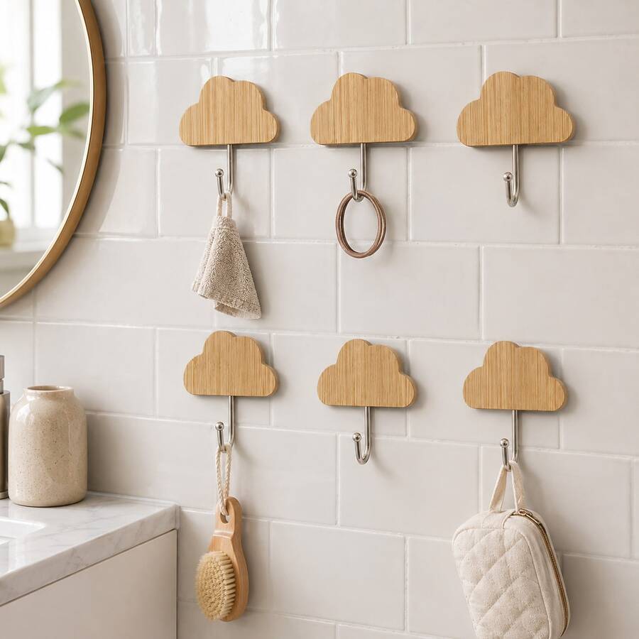Add Practical Storage And Natural Decorative Texture To Your Home With This 6-Piece Set Of Cloud-Shaped Wall Hooks. Each Compact Hook Features A Bamboo Cloud Panel With Clear Natural Wood Grain And A Silver Iron J-Shaped Hook With Rounded Ends. This Set Of Six Matching Hooks Can Be Installed In Combination To Create A Decorative Wall Layout Or Placed Separately In Any Location Where Extra Hanging Space Is Needed. - View 1
