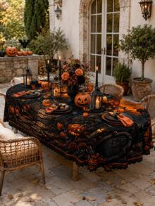 1pc Scary Forest Lantern Tablecloth, Spooky Night Party, Rustic Countryside Style Polyester Rectangular Tablecloth With Dark Woods And Skull Patterns, Easy Care Table Cover For Dining Room Kitchen Holiday Dinner Decoration - Multicolor - View 16