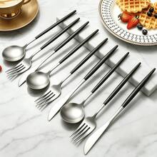 4/16/24pcs Stainless Steel Matte Cutlery Set Knife Fork Spoon Dessert Spoon Suitable For Home Kitchen Hotel Restaurant Gift - Silver + Black - View 5