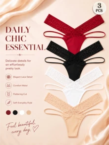 APRSEA 3pcs Women's Lace Thong Panties With Bow Decoration, Random Color - Multicolor - View 2