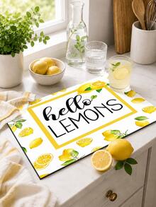 1pc Yellow Lemon Letter Pattern Dish Drying Mat, Fresh Summer Pastoral Style, Quick-Drying Absorbent Material, Fruit Text Print Design, Non-Slip Surface Protection, Suitable For Daily Kitchen, Dish Drying, Home Gatherings And Home Decor - Multicolor - View 4