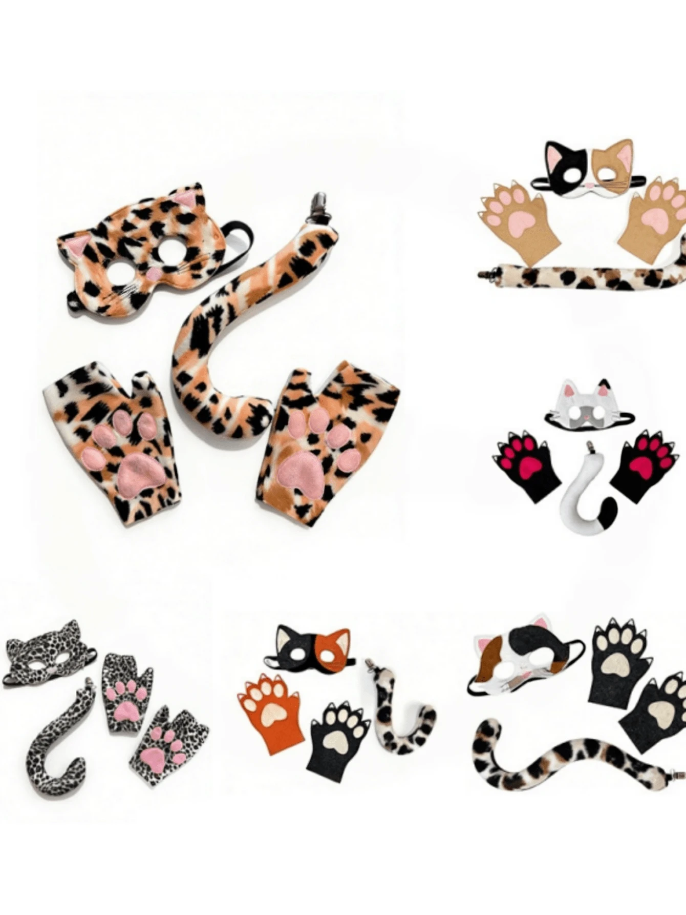 3pcs Halloween Cat Costume Set, Calico Leopard Print Cat Paw Gloves, Mask, Cat Tail, Party Performance Props - A - View 1