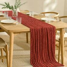 12pcs Clay Color Gauze Table Runner, 35*120 Inch Sheer Table Runner, Semi-Transparent Pleated Bohemian Country Style Table Runner, Suitable For Wedding Party, Baby Shower, Birthday, Bridal Shower, Thanksgiving, Friendsgiving, Engagement Party, Home Decor - Rust Red - View 9