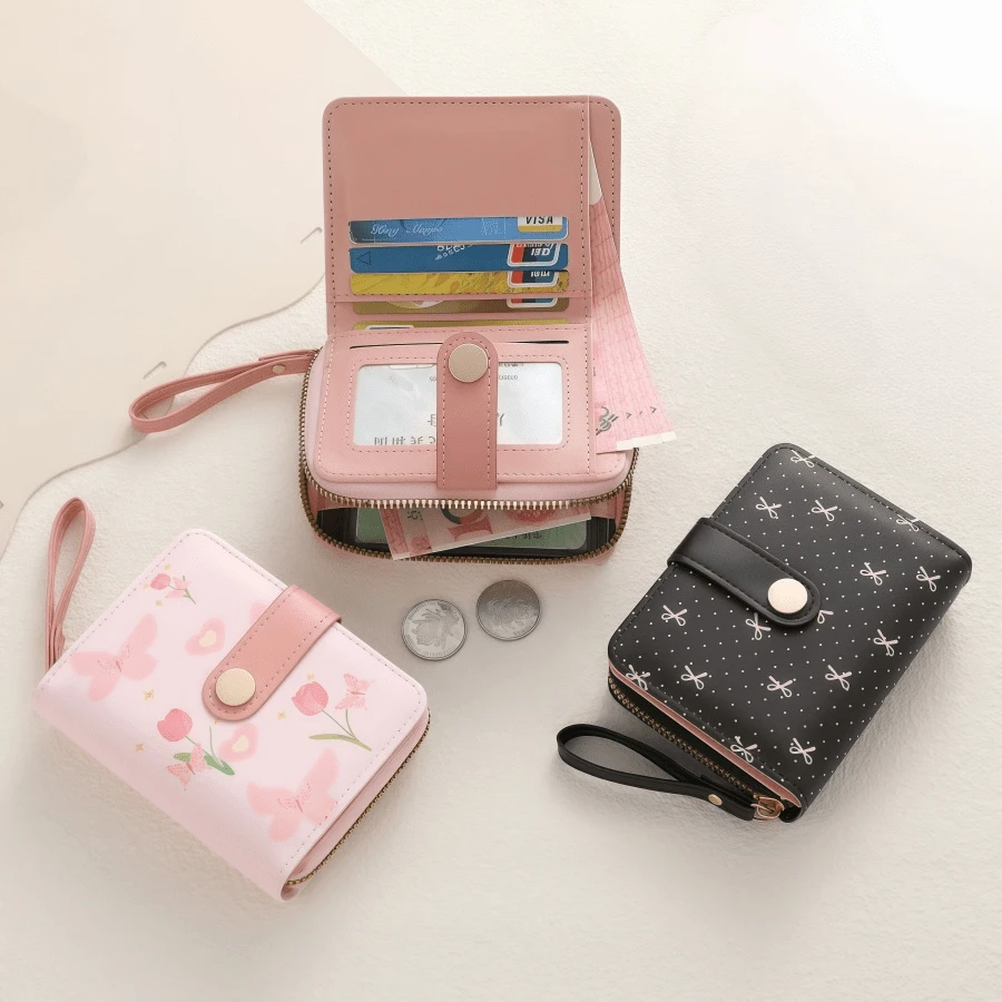 Multifuctional Polka Dots Wallet Zipper Closure Floral Print Leather Short Wallet With Wristlet Strap Snap Button Bow Coin Purse - Multicolor - View 1