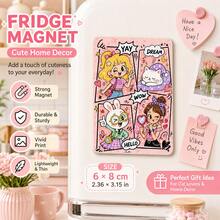 Fun Pop Art Refrigerator Magnet, Kawaii Y2K Girl With Cat & Rabbit, Colorful Comic Frame Design, Aesthetic Dorm Kitchen Decor, Cute Gift For Teens & Girls - 1PC - View 2