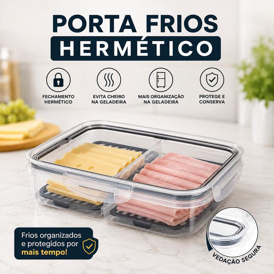 Pote Porta Frios Hermético com Tampa e Divisoria 1L | Organizador de Geladeira para Presunto, Queijo e Frios - Visão 1